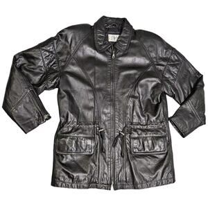 Vtg D'Linea Black Leather Jacket Soft Full Zip Men Women Small Lined Cinch Waist